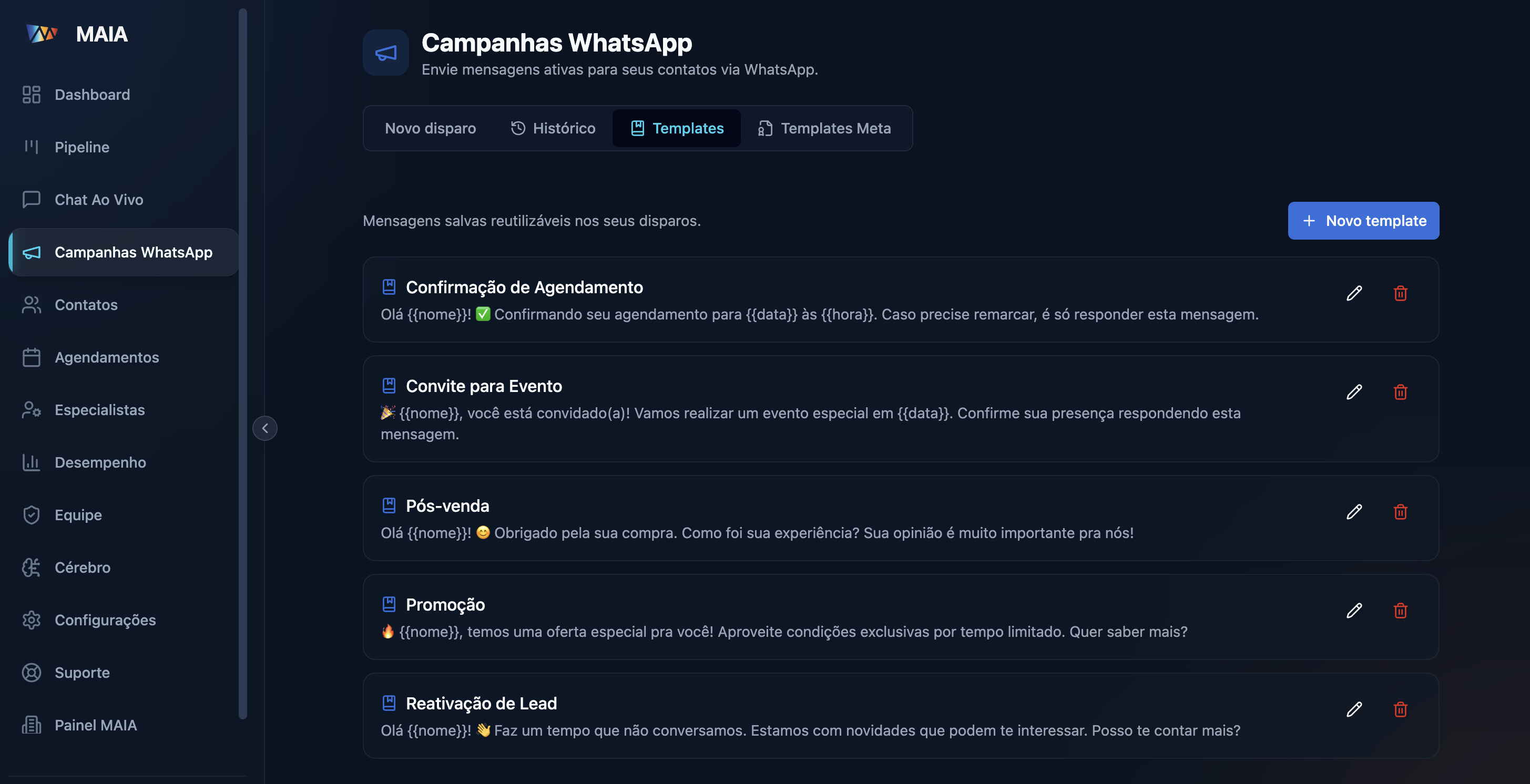 Tela de campanhas WhatsApp da plataforma MAIA, com templates de mensagens salvos