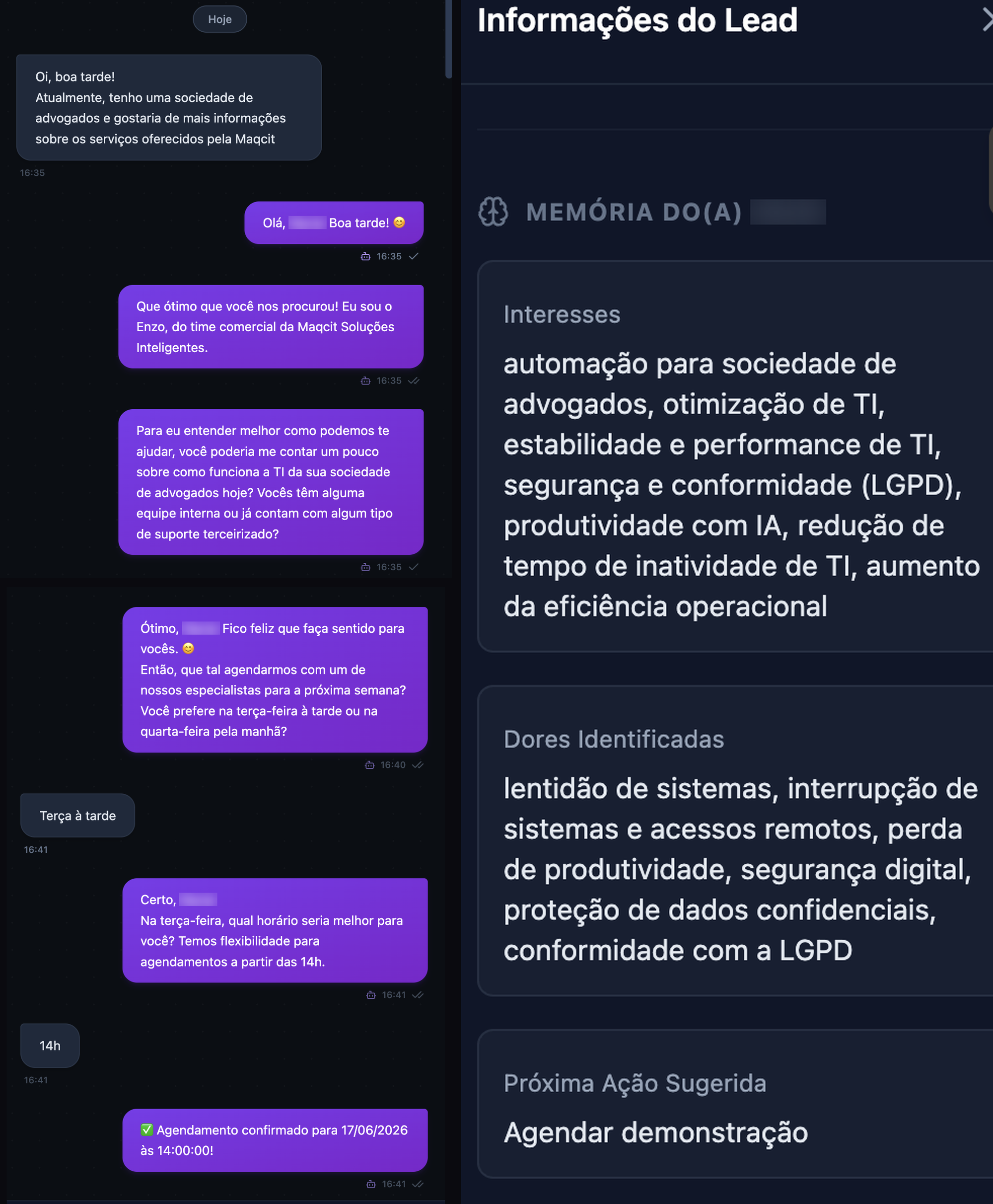 Tela da plataforma MAIA - Atendimento no WhatsApp e Instagram com IA